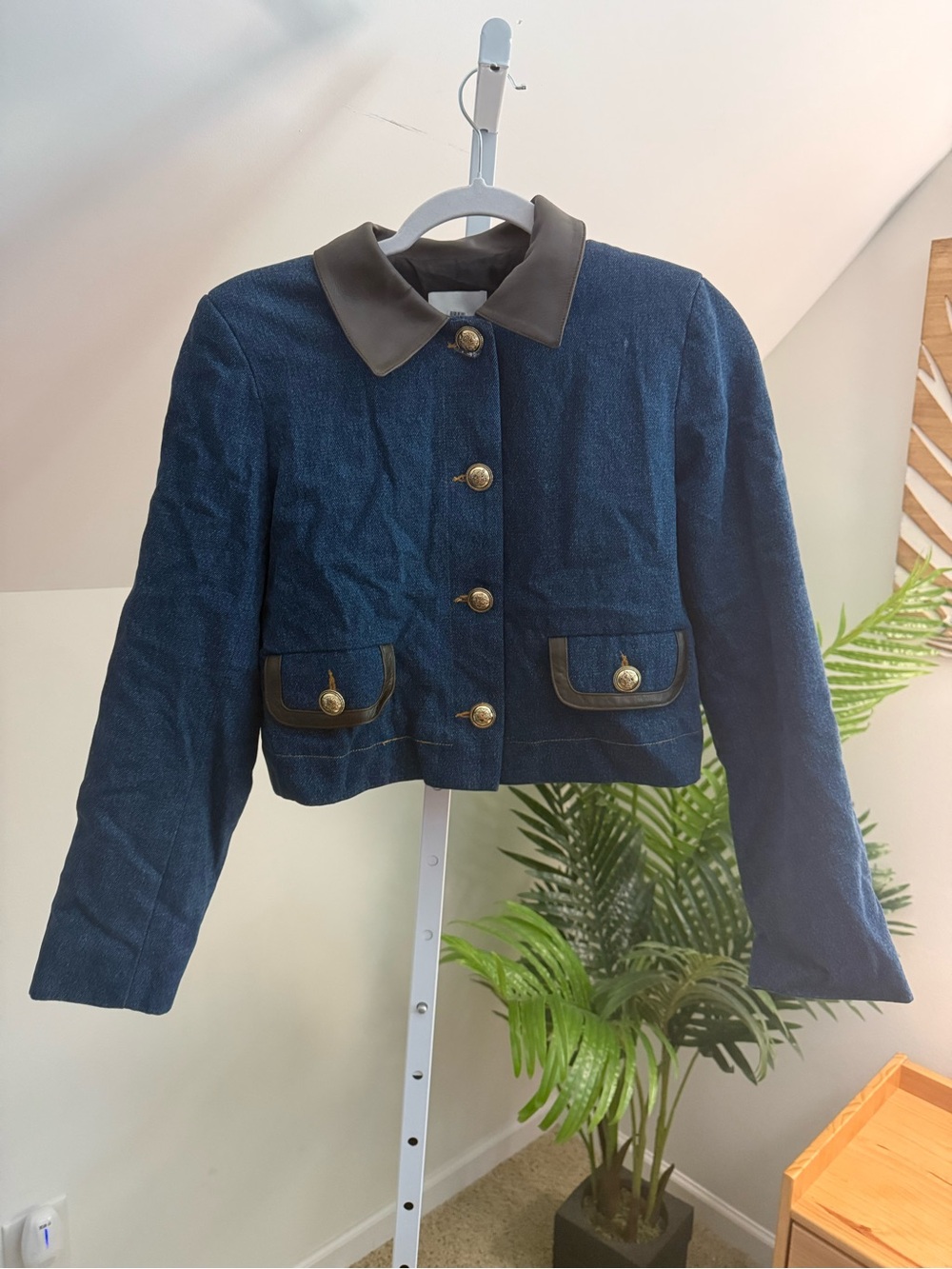 Sandro Denim‎ Jacket With Leather Collar Cropped Women’s 36 - Picture 2 of 6